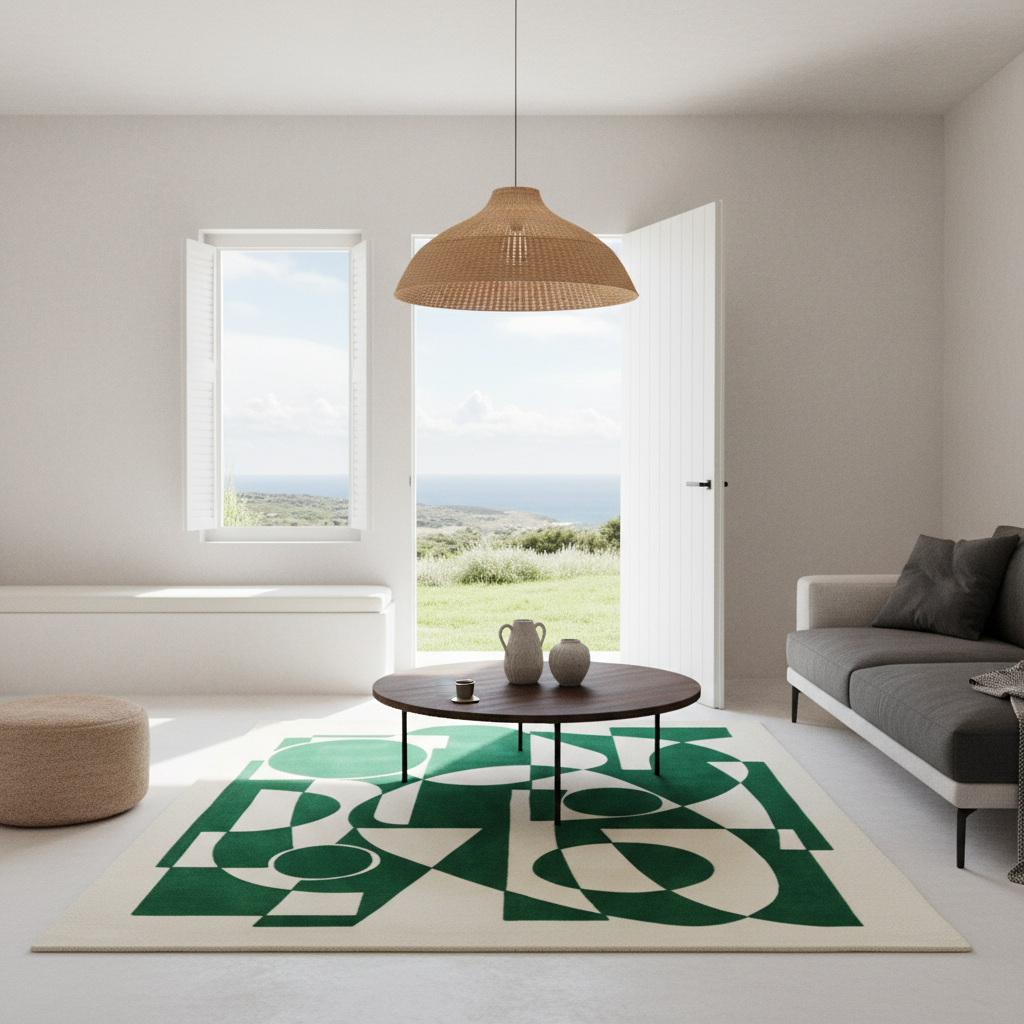 A modern living room with a large area rug featuring a bold green and cream geometric pattern. The rug is styled under a round wooden coffee table, with a gray sofa, a woven pendant light, and an open white door revealing a scenic view of the sea and grassy hills in the background.