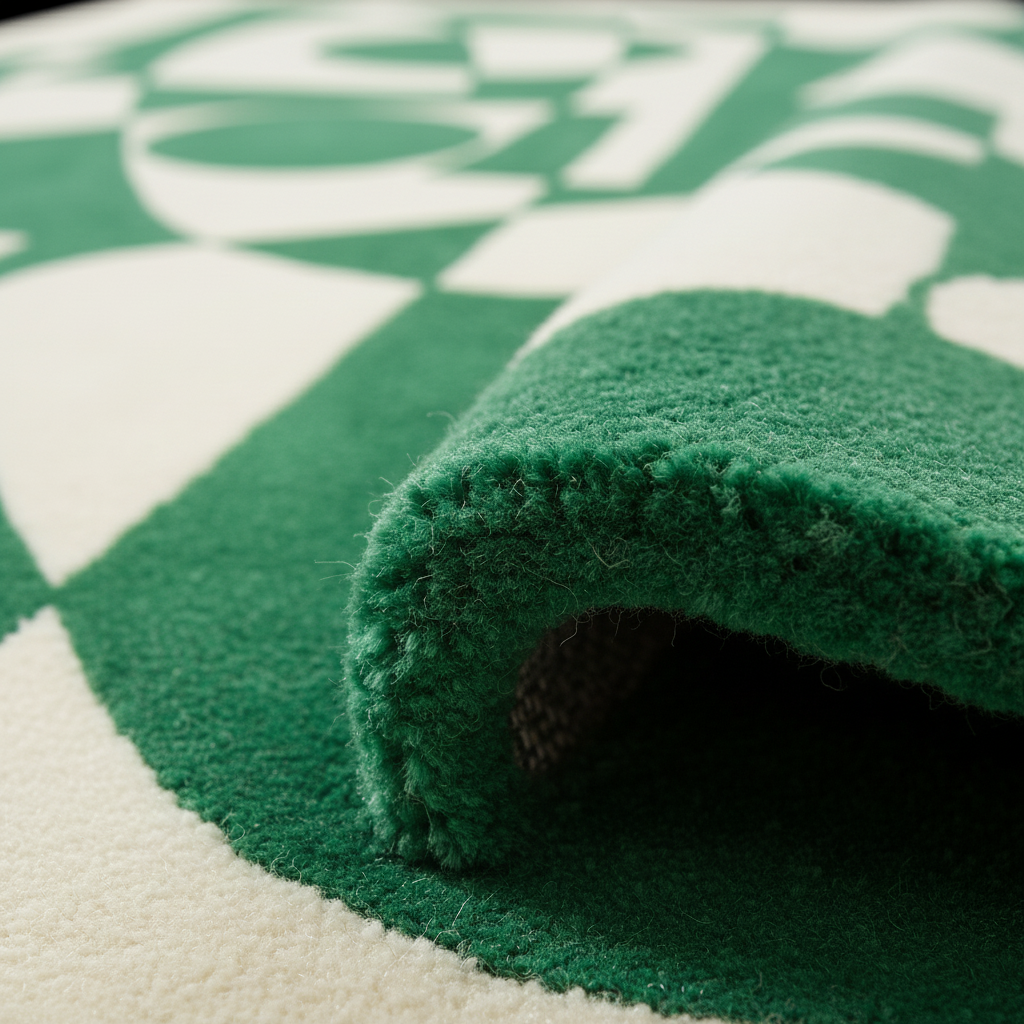 A close-up of a plush green rug with a rolled corner, showing its thick pile and texture, set against a matching green and off-white patterned background.