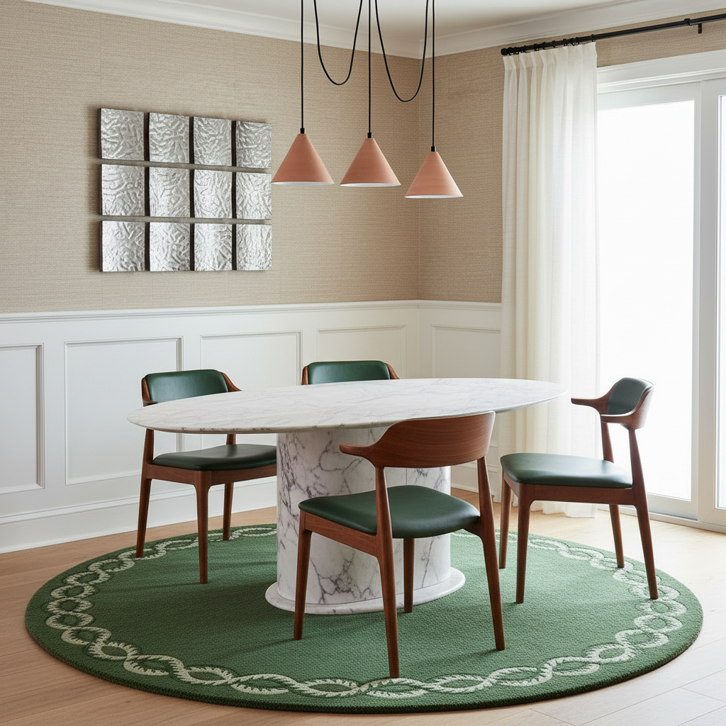 Dining room with a marble table and green chairs on a patterned round green rug.