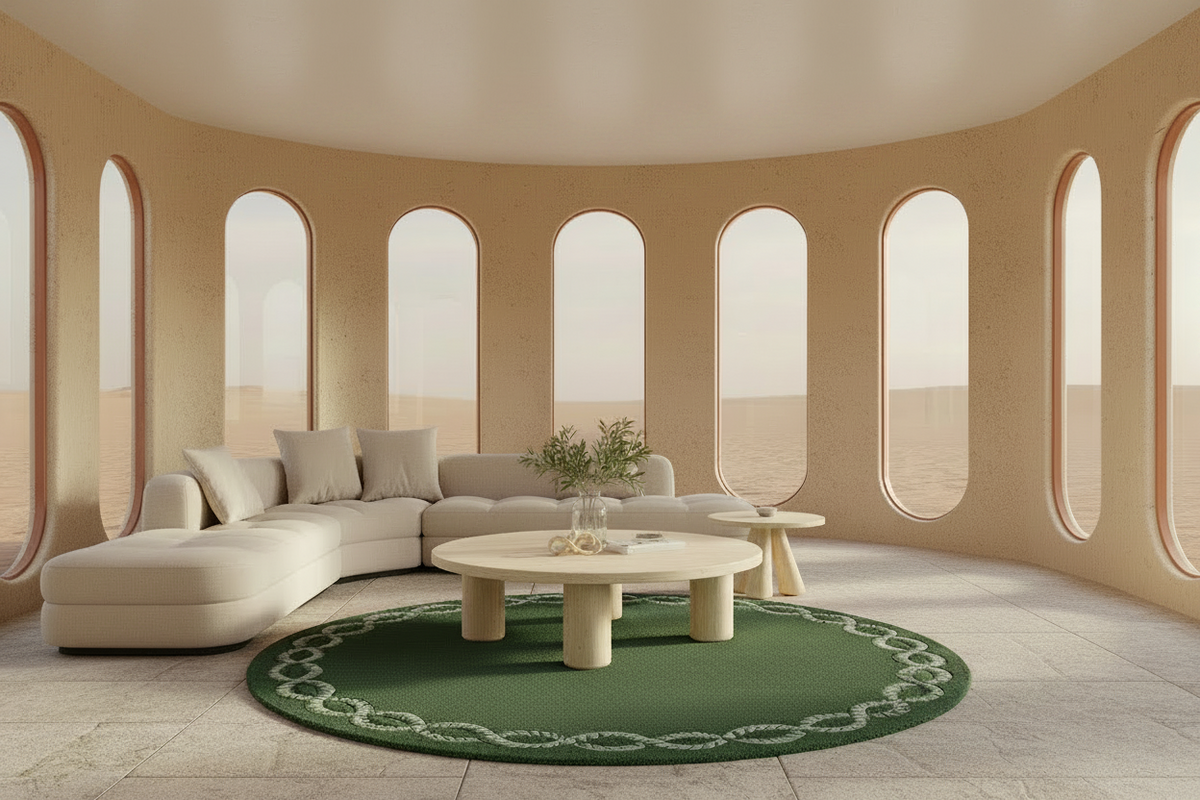 Modern living room with curved walls, large windows, and a green round rug.