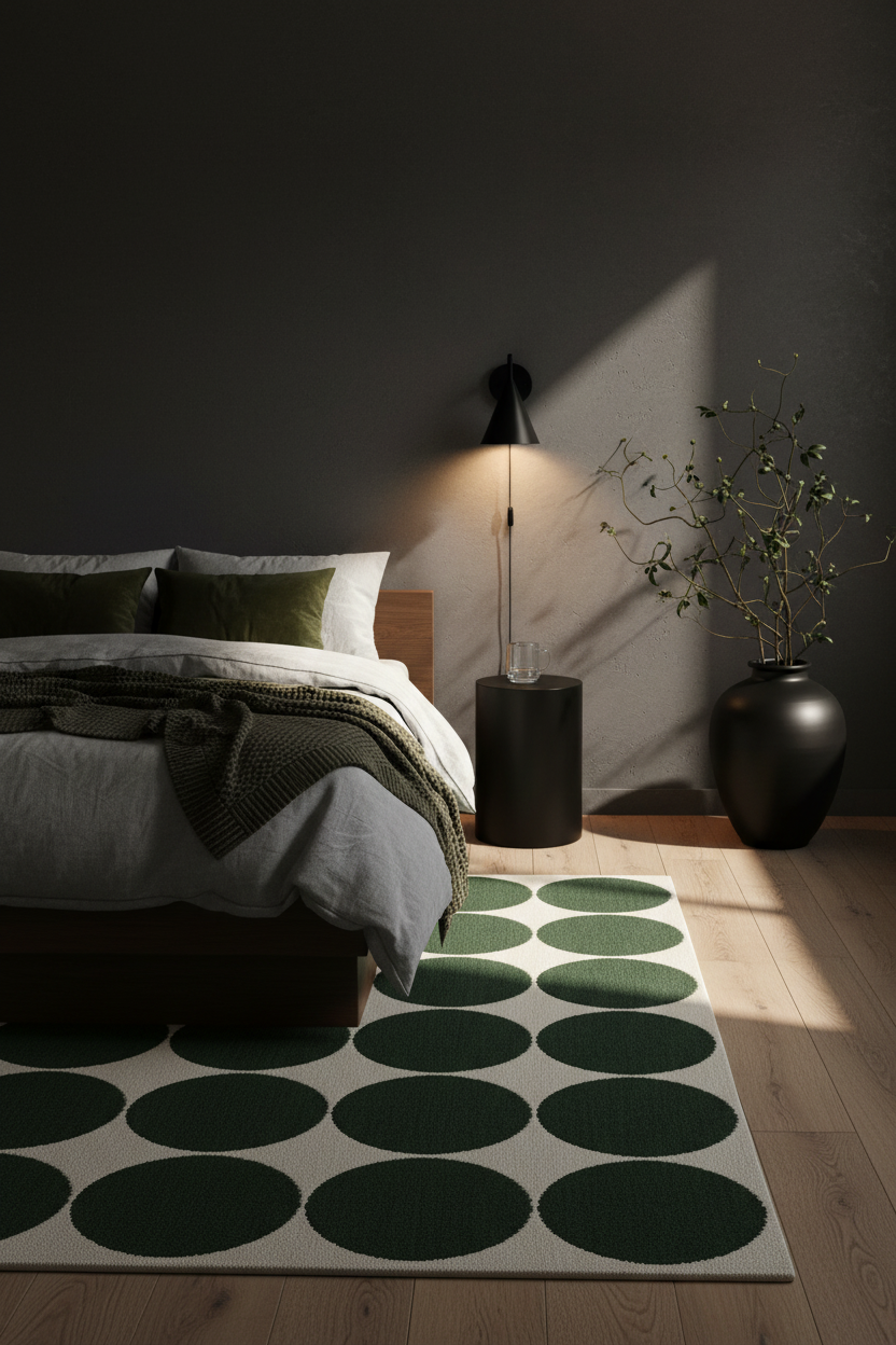 Modern bedroom with a bed, lamp, and decorative green rug.