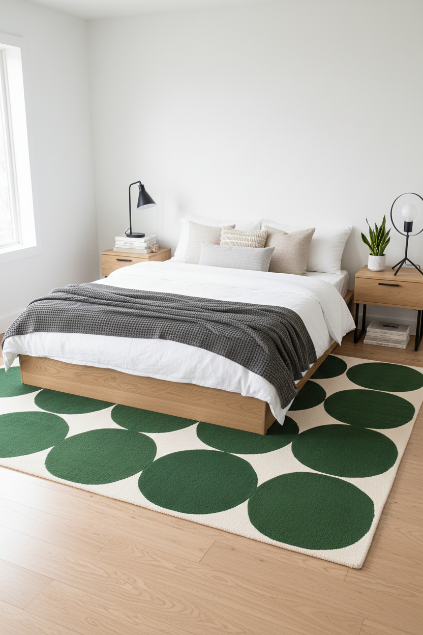 Modern bedroom with a bed, nightstands, and a green circular rug.