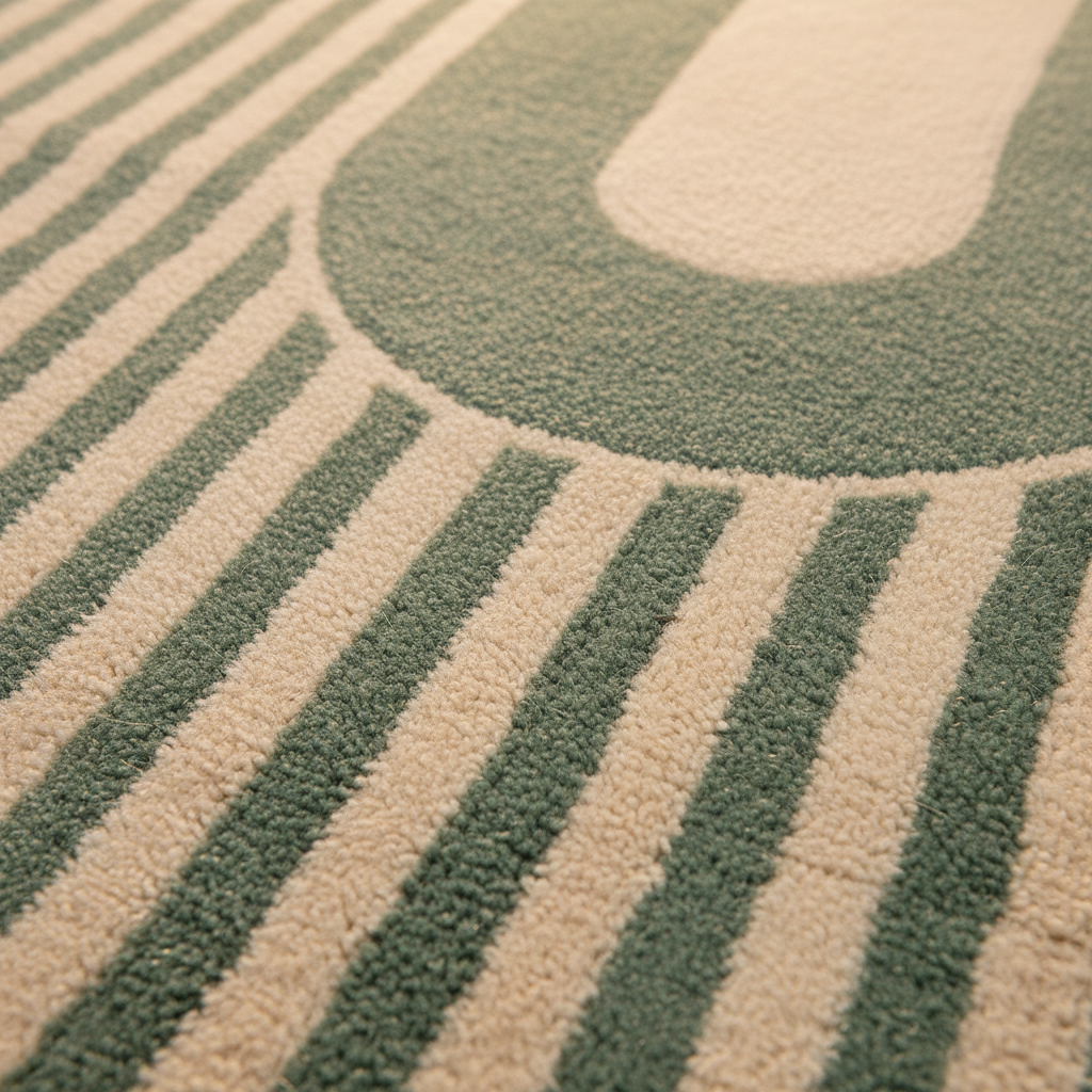 Close-up of a textured area rug with a modern geometric pattern featuring alternating vertical stripes in sage green and cream.