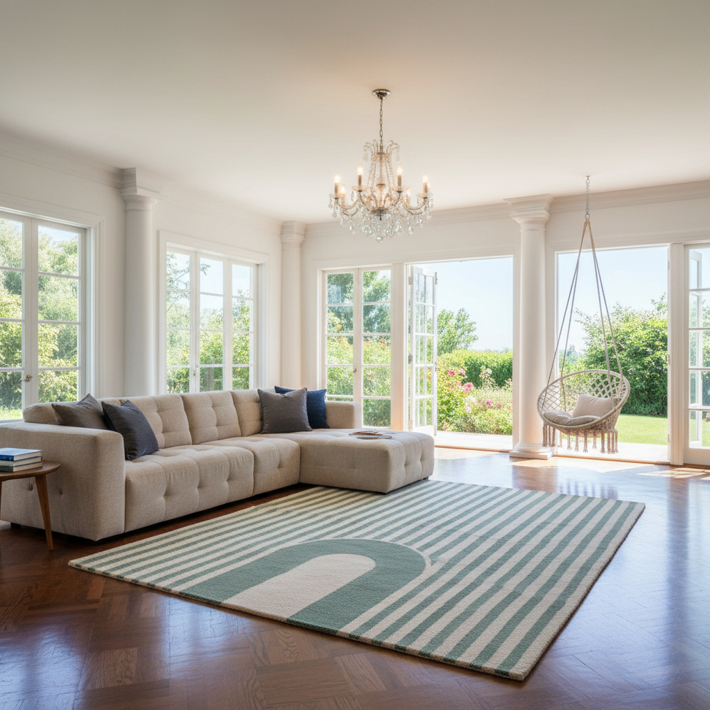 A modern living room featuring a beige tufted sectional sofa with blue and gray accent pillows, a striped area rug with a green arch motif, a crystal chandelier, and a hanging wicker chair overlooking a green garden.