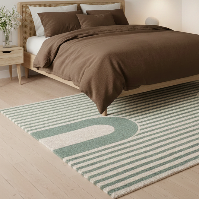 A styled bedroom scene with a wooden bed dressed in brown bedding, placed in a bright room with a light wood floor and a large striped rug in the foreground. No people or animals are present.