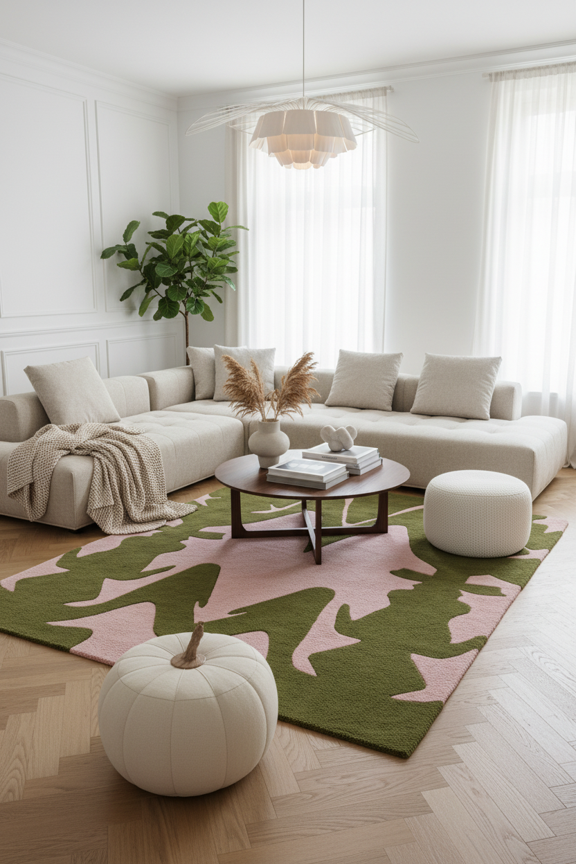 A styled living room featuring a large sectional sofa, a round wooden coffee table, a white pouf, and a green and pink camouflage patterned area rug on a light wood herringbone floor. A white decorative pumpkin sits in the foreground, and a potted green plant is in the background near white paneled walls and sheer curtains.