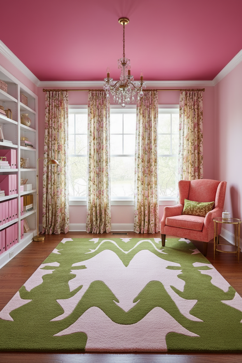 Pink room with a green and pink patterned rug, pink chair, and floral curtains.