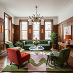 A styled living room interior with a green tufted sofa, two green armchairs, a red armchair, a round glass-top coffee table, a large green and pink patterned rug, wood-paneled walls, tall windows, plants, and a black chandelier.