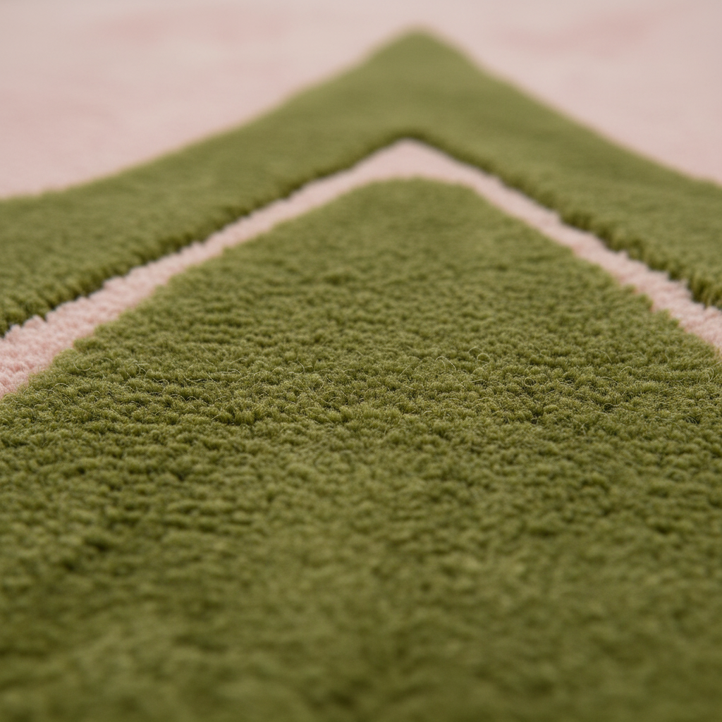 Close-up of a plush textured rug in olive green with a contrasting light pink border.