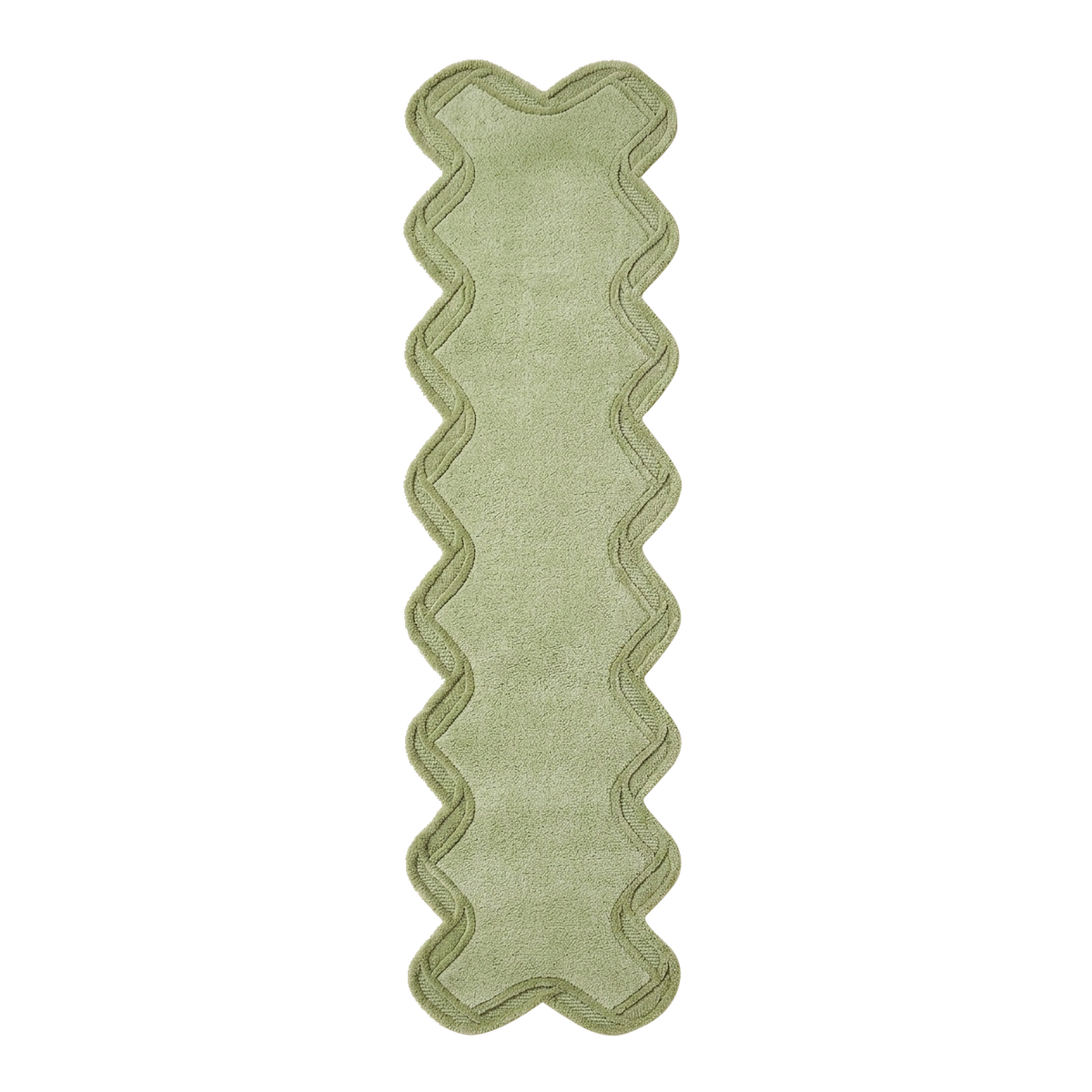 Green Wavy Border runner rug swatch with a scalloped sage green edge on black