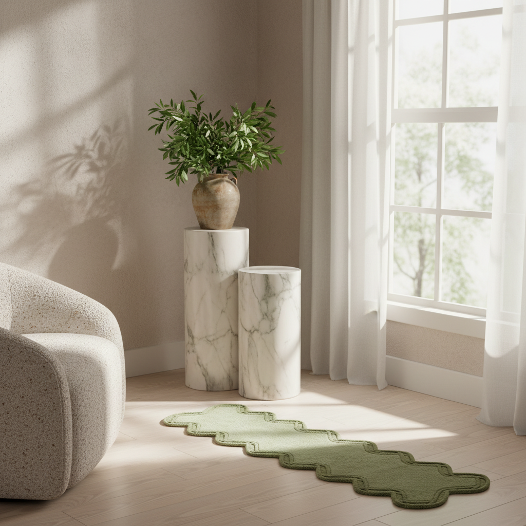 Green Wavy Border Hand Tufted Runner Rug