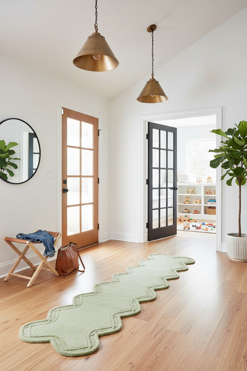 Modern interior with a green scallop runner rug on wooden flooring, gold pendant lights, and a plant.