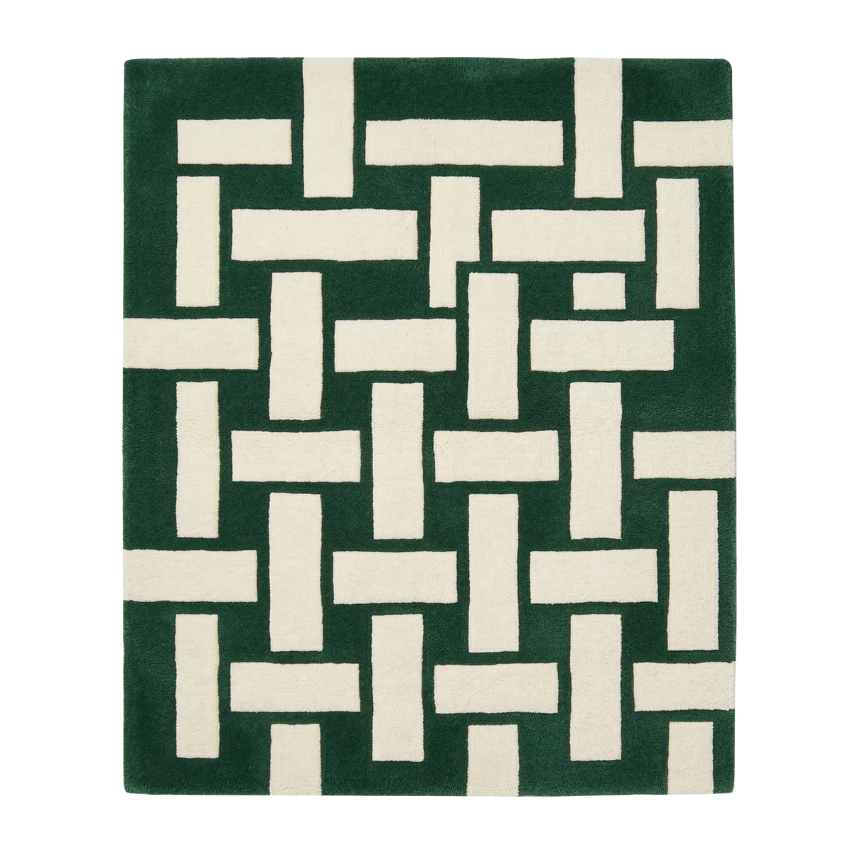 Green and white geometric patterned rug on a white background