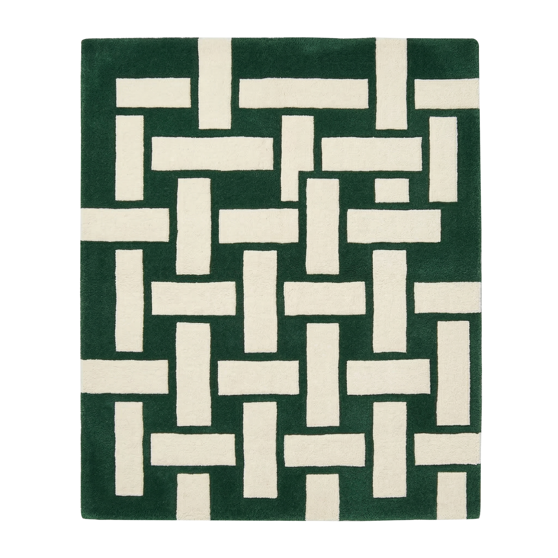 Green and white geometric patterned rug on a white background