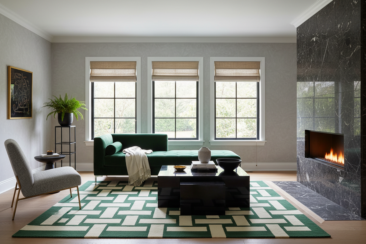 Modern living room with a green sofa, coffee table, and decorative green rug.