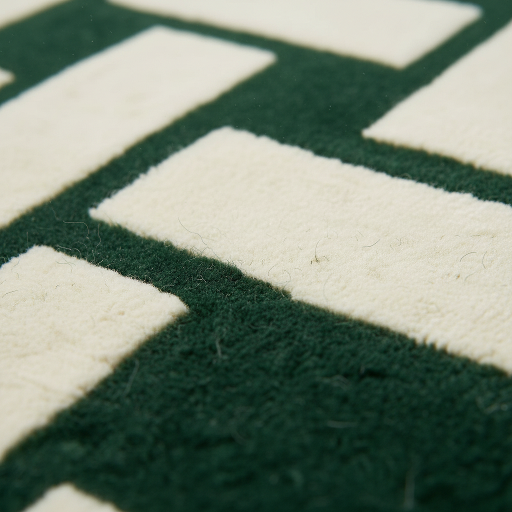 Close-up of a textured rug with a dark forest green and cream geometric pattern.