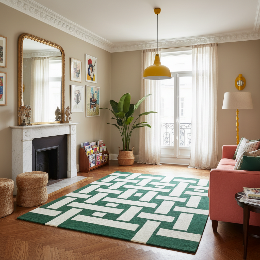 A large rectangular area rug with a bold white geometric maze-like pattern on a dark green base, styled in a bright, modern living room with a pink sofa, wooden floors, and a yellow pendant light.