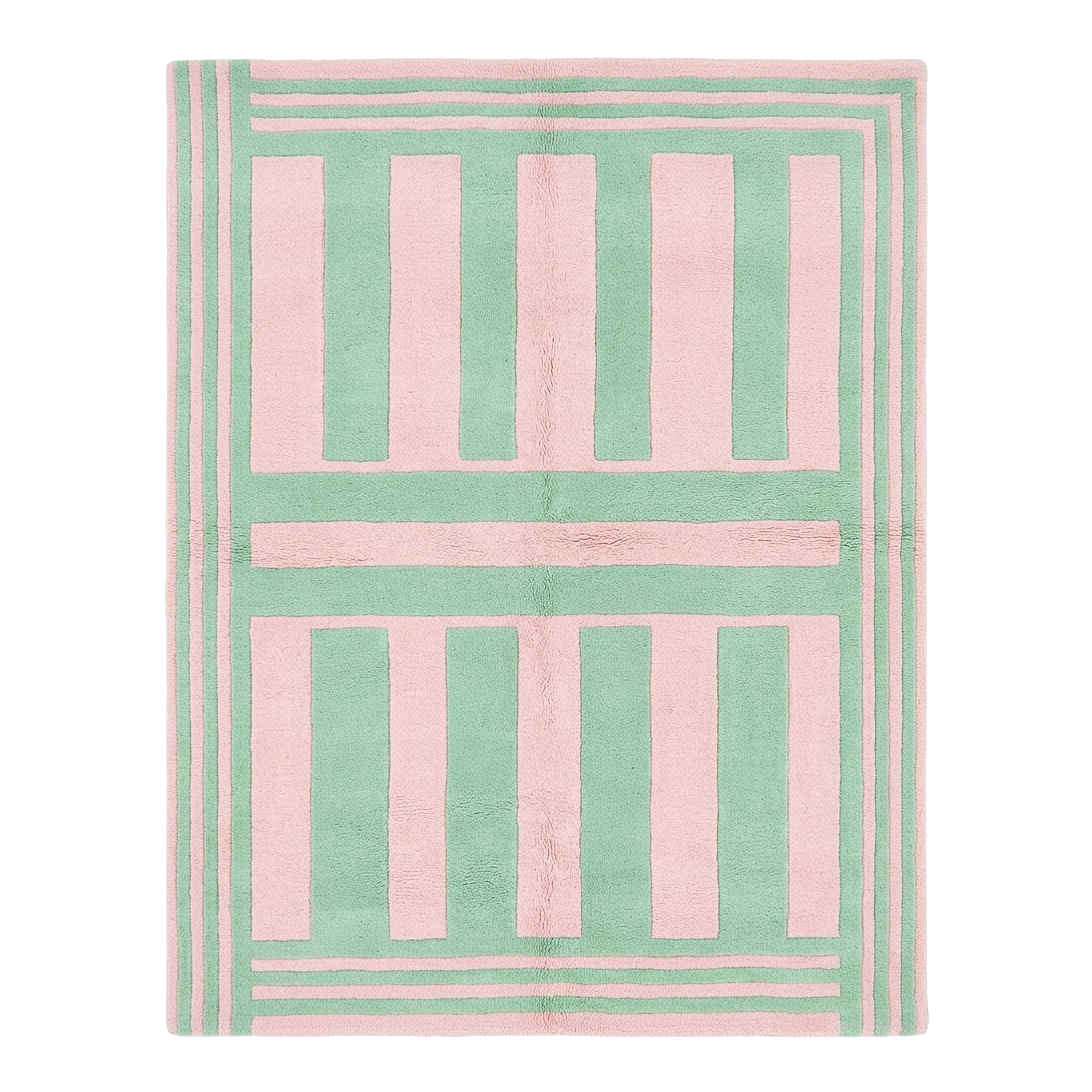 Green & Pink Column Hand Knotted Wool Rug in alternating mint green and pink vertical stripes