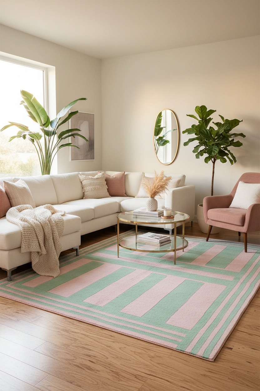 Green & Pink Column Hand Knotted Wool Rug