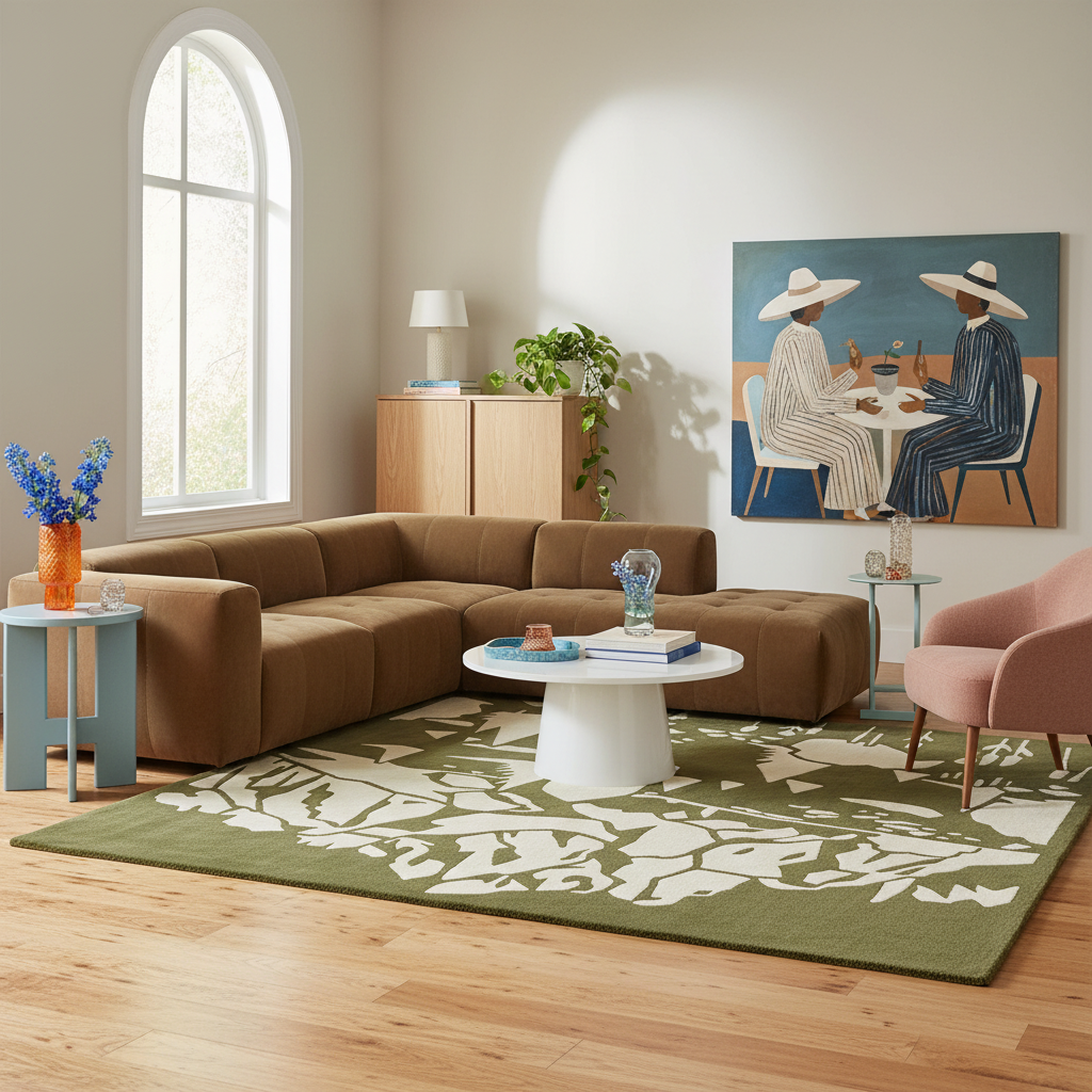 A styled living room scene featuring a large brown sectional sofa, a green and white patterned area rug, a round white coffee table, and a pink armchair in a bright, modern room with a painting on the wall.