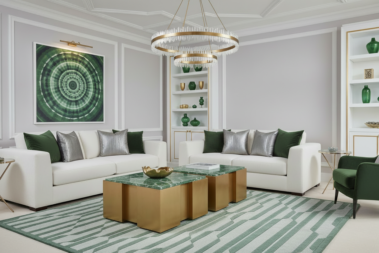 Modern living room with white sofa, green rug,  and gold coffee table, and decorative elements.