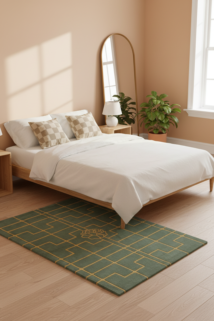 A styled bedroom scene with a light wood bed frame, white bedding, two patterned pillows, a green geometric area rug on a light wood floor, a potted plant, a bedside lamp, and a tall arched floor mirror against peach-colored walls.