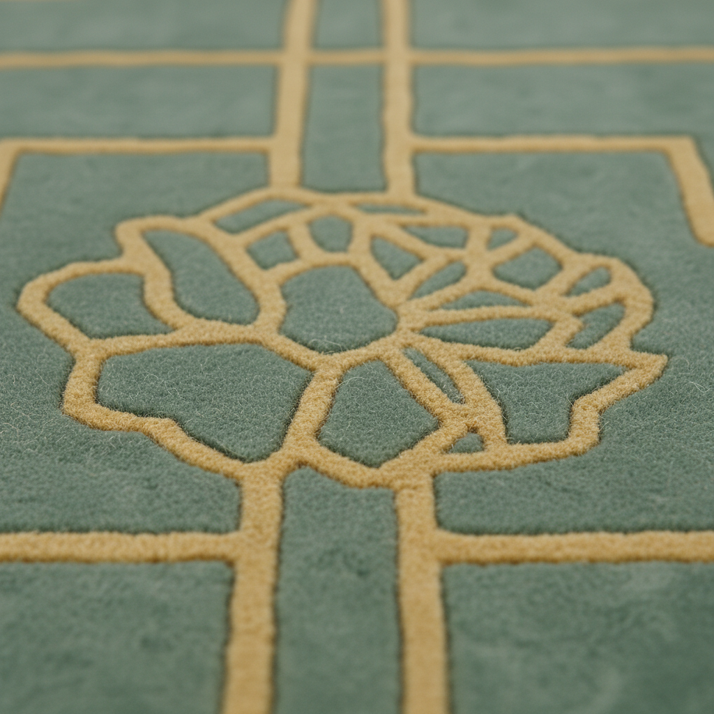Close-up of a textured rug with a sage green background and a raised tan geometric floral pattern.