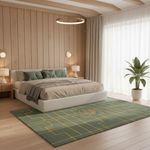 A modern bedroom scene with a green area rug featuring a gold geometric pattern on a light wood floor. The room includes a low white platform bed with sage green pillows and a gray throw blanket, a wood-paneled wall, bedside tables with lamps, sheer curtains, and a potted plant.