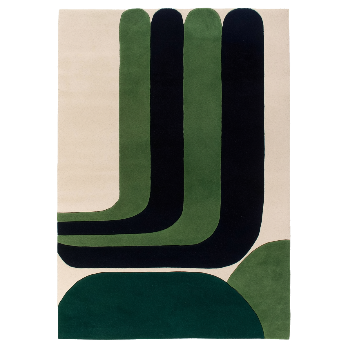 Groovy Arches hand-tufted wool rug swatch with layered green arches over a cream ground