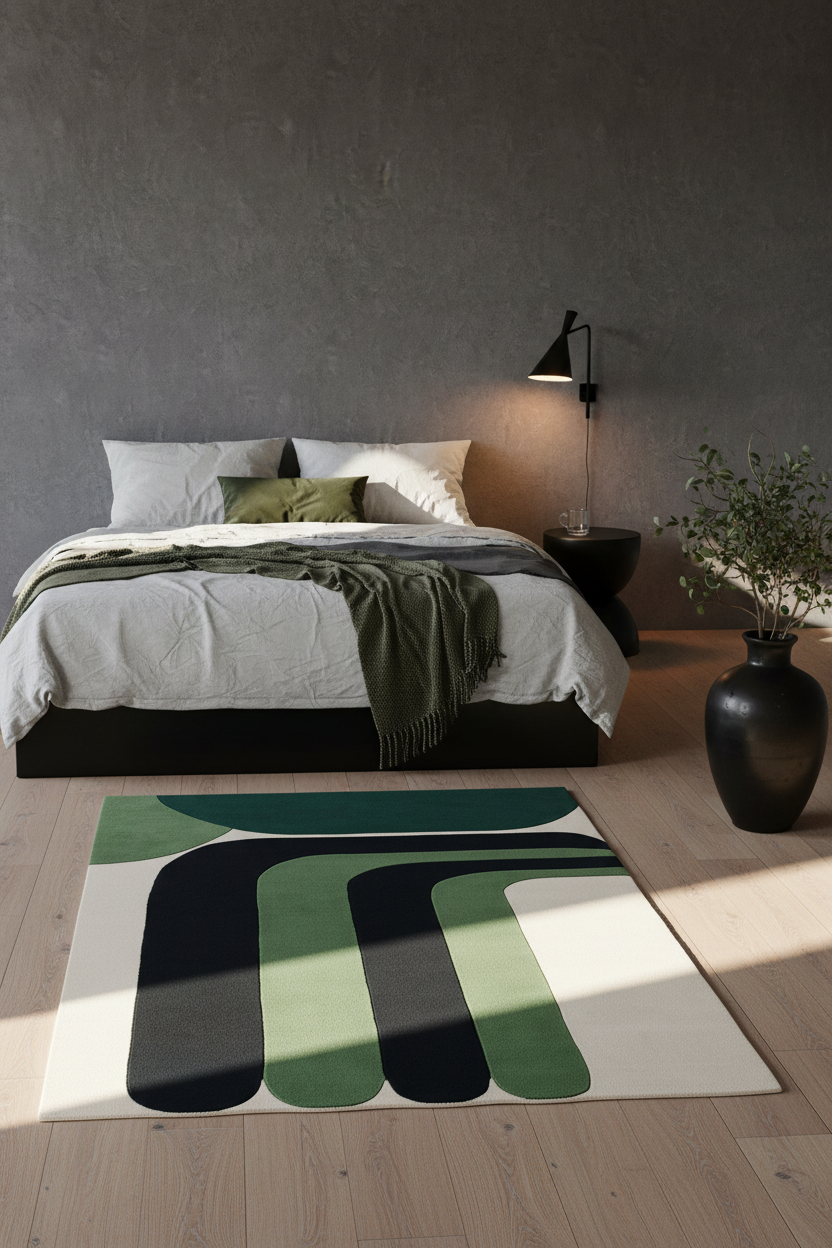 Modern bedroom with a geometric rug on a wooden floor.