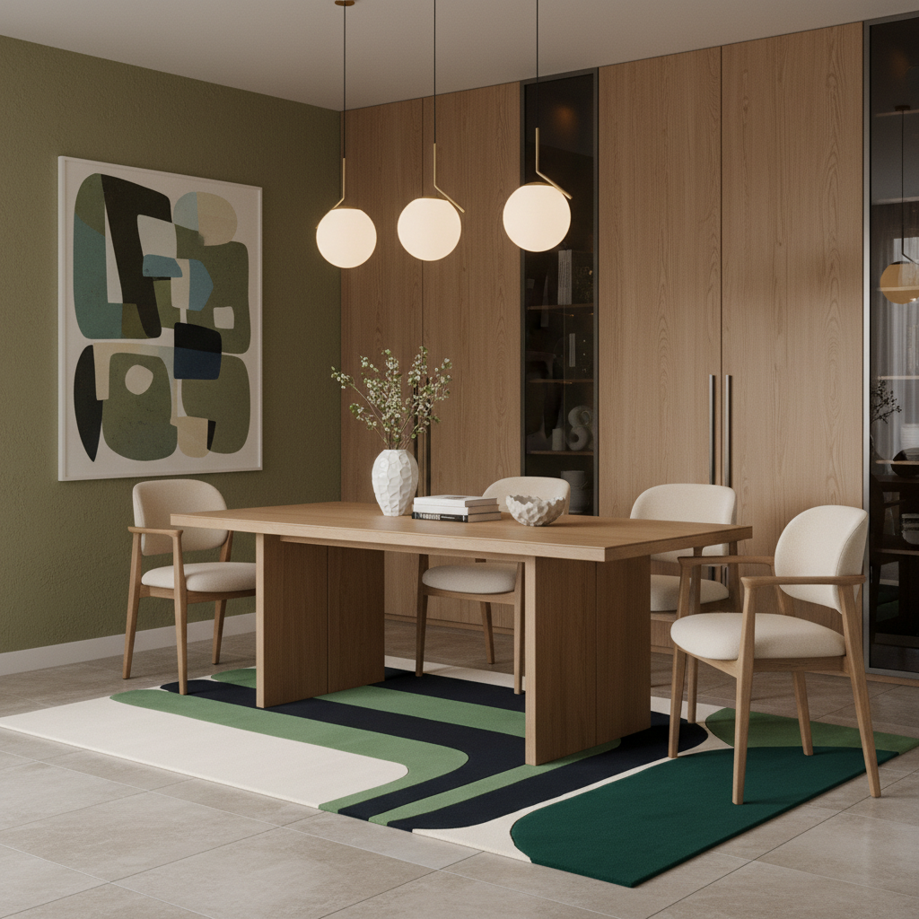 A modern dining room scene featuring a light oak wood dining table with four upholstered chairs, styled with a green and white abstract area rug, a large abstract wall art piece, and a built-in wood cabinet background.