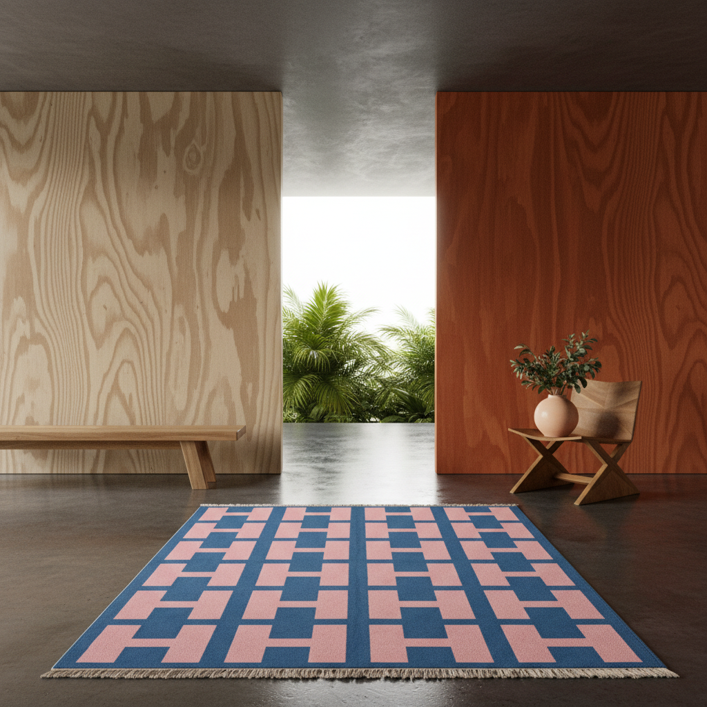 A rectangular area rug with a geometric checkerboard pattern in blue and pink, styled on a dark floor in a modern interior with wood-paneled walls and a small side table with a vase.