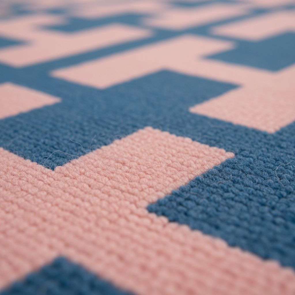 Close-up of a textured rug with a geometric pattern in dusty blue and light pink, showing the detailed loop pile texture.
