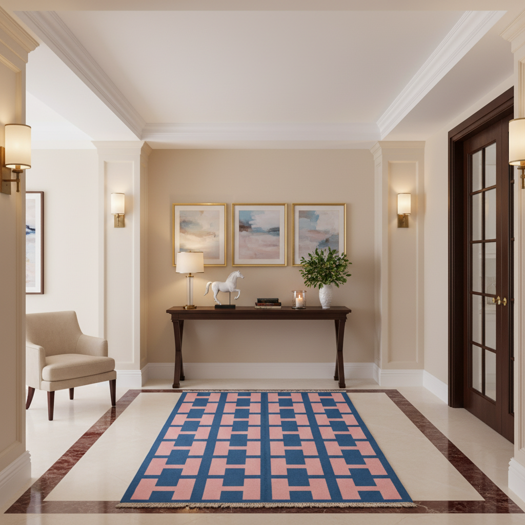 A rectangular area rug with a pink and navy blue geometric checkered pattern is displayed in a beautifully styled entryway with beige walls, a dark wood console table, and wall sconces.