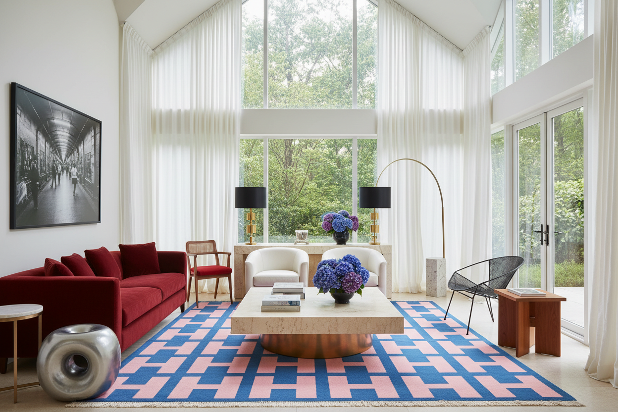 Modern living room with a colorful rug, red sofa, large windows and large hand knotted pink and blue area rug by 1001 Knots.