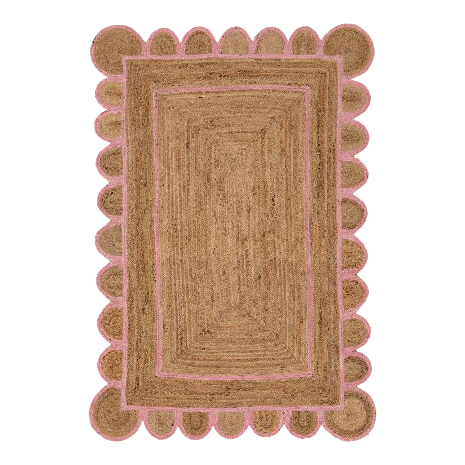 Rectangular rug with scalloped edge and pink border on a white background