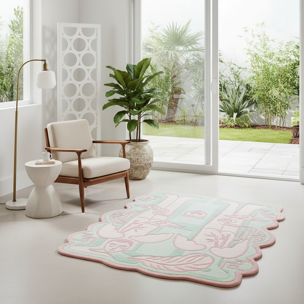 A pastel area rug with a whimsical cartoon character design in mint green, pink, and cream, styled in a bright, modern living room with a mid-century armchair, a potted plant, and large windows overlooking a garden.