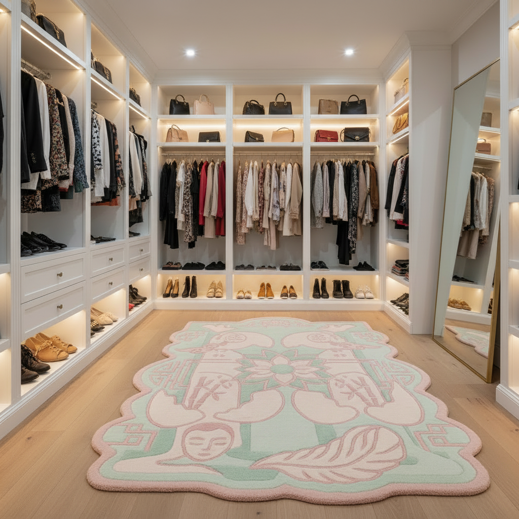 Modern walk-in closet with organized clothing and accessories, featuring a decorative rug on the floor.