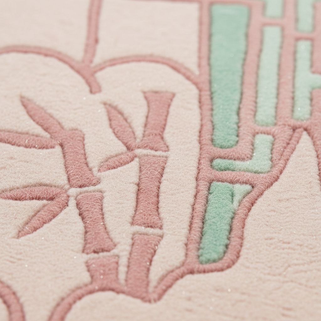 Close-up of a textured fabric surface with a stylized embroidered or woven pattern in blush pink and mint green.