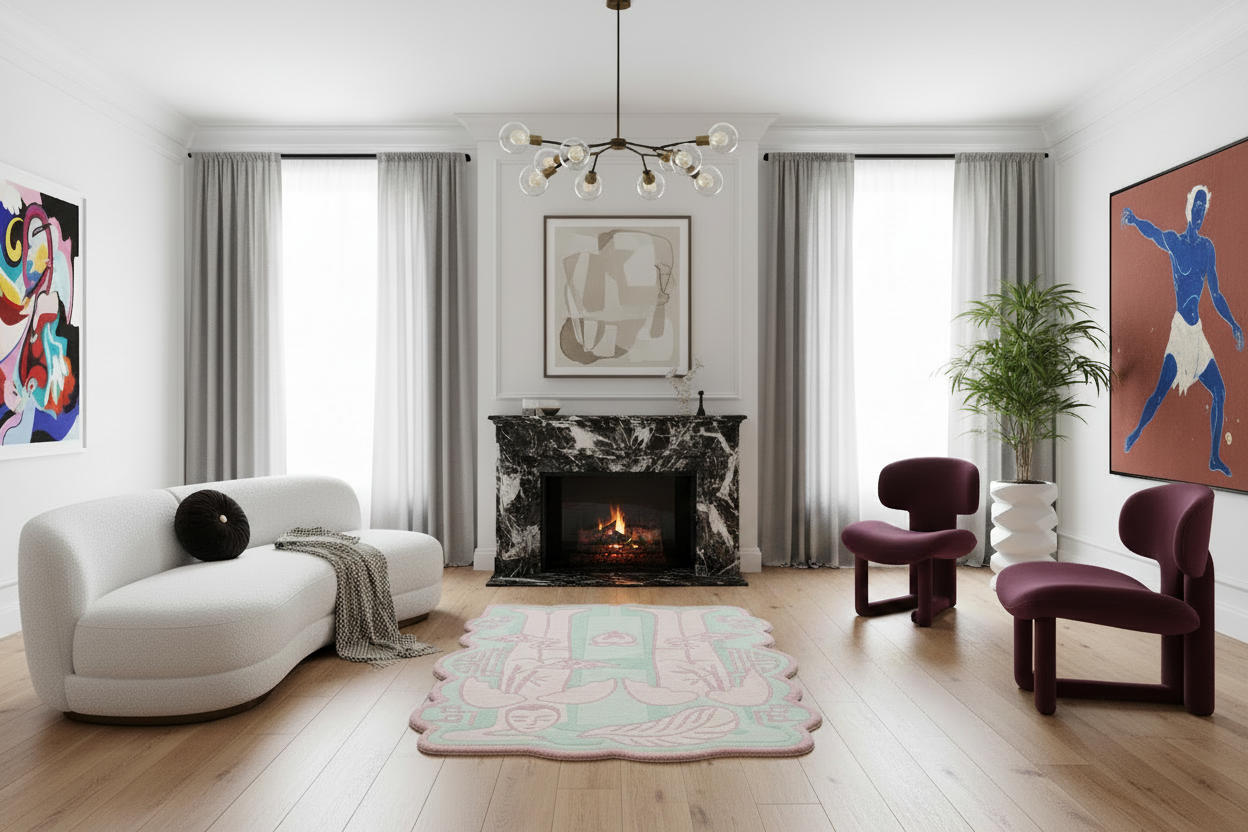 Modern living room with white sofa, purple chairs, and a fireplace.