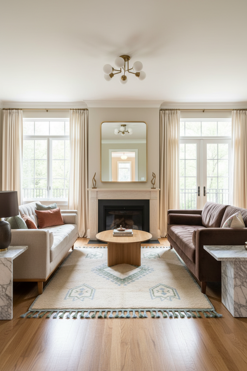 Living room with a fireplace, sofa, moroccan shaggy rug, and coffee table in a well-lit room.