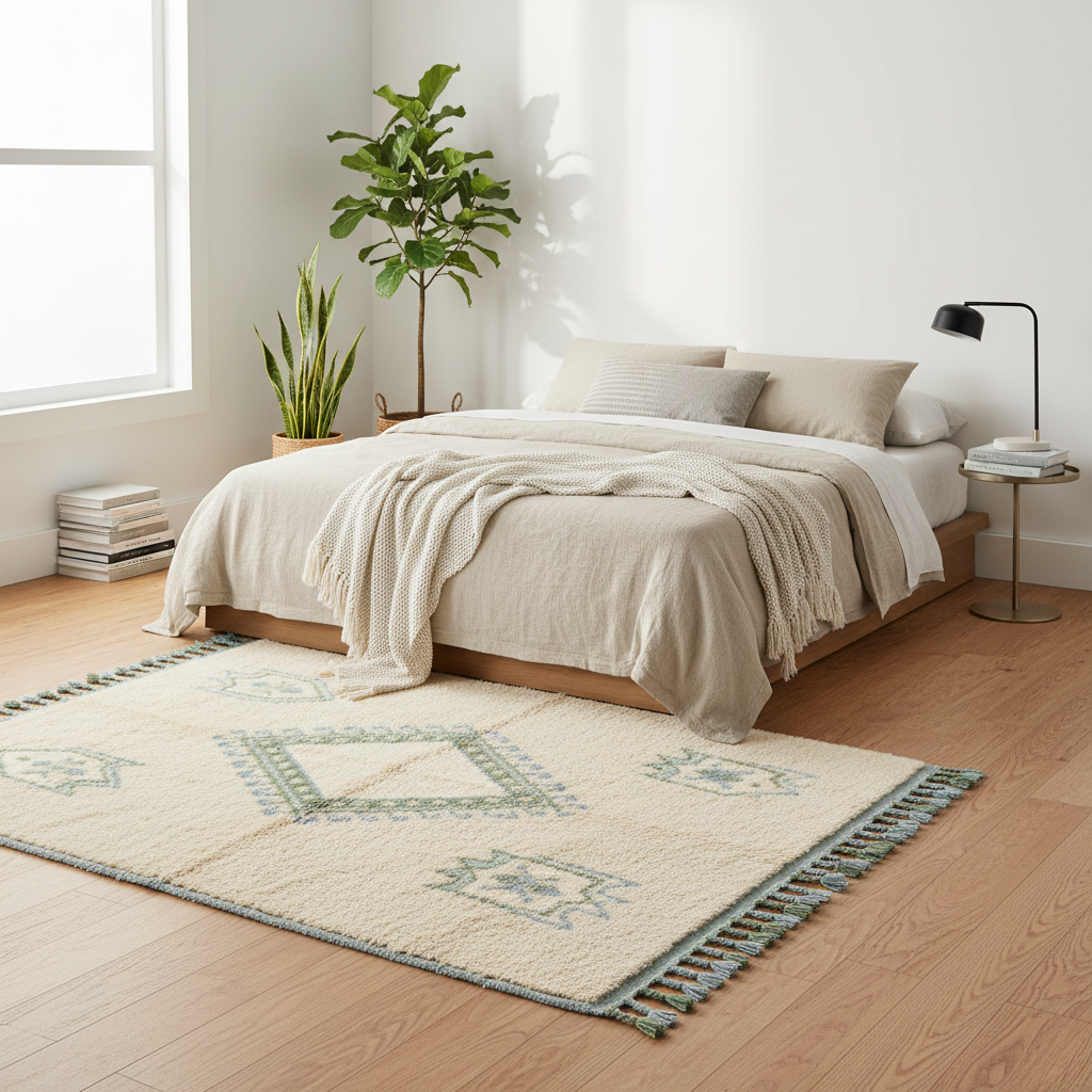 A styled bedroom scene with a bed dressed in neutral beige bedding, a patterned cream rug with blue-green motifs and fringe on a light wood floor, a window, plants, books, and a bedside lamp.