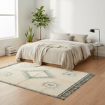 A styled bedroom scene with a bed dressed in neutral beige bedding, a patterned cream rug with blue-green motifs and fringe on a light wood floor, a window, plants, books, and a bedside lamp.