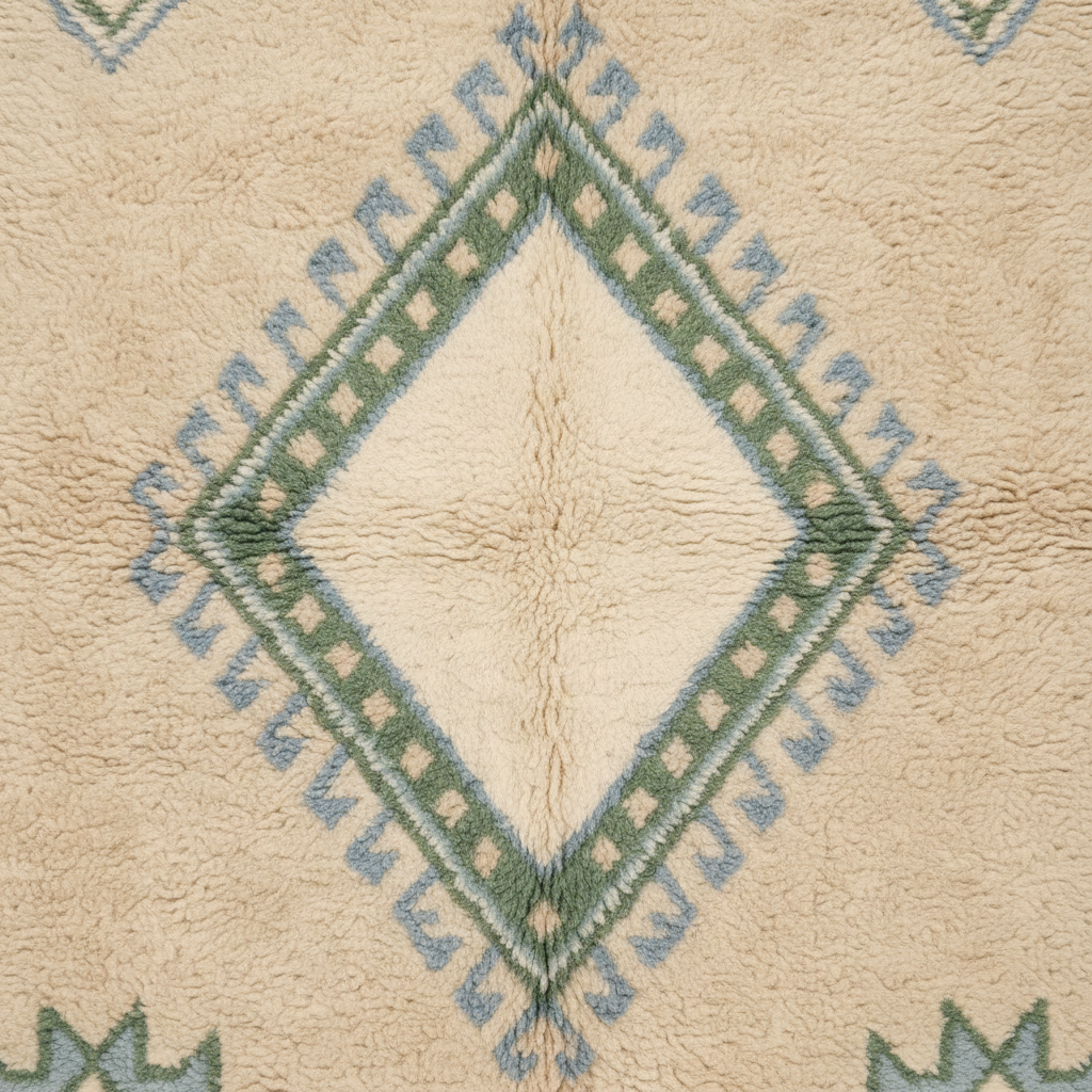 A close-up of a textured rug featuring a central diamond motif in cream, sage green, and light blue, with geometric patterns in the corners.