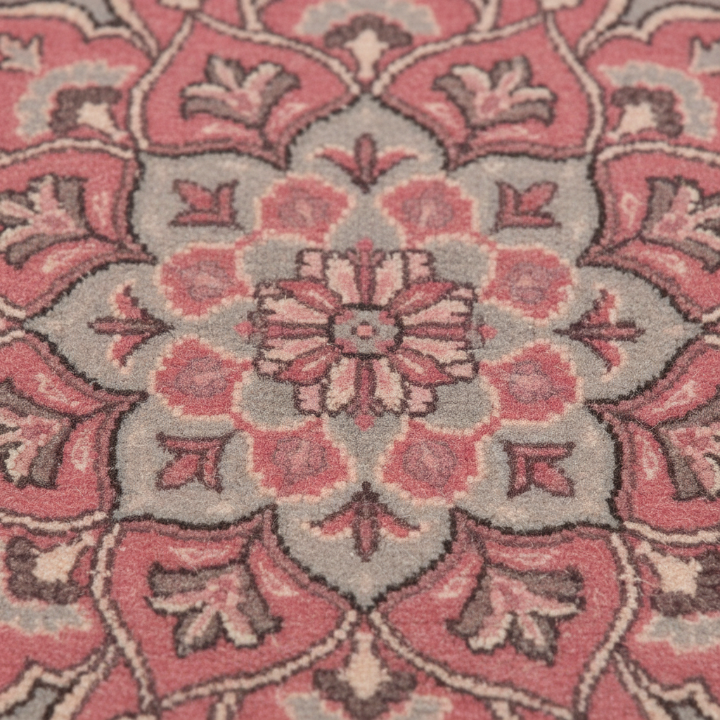 A close-up of a traditional patterned rug featuring a central floral medallion in dusty pink, sage green, and cream.