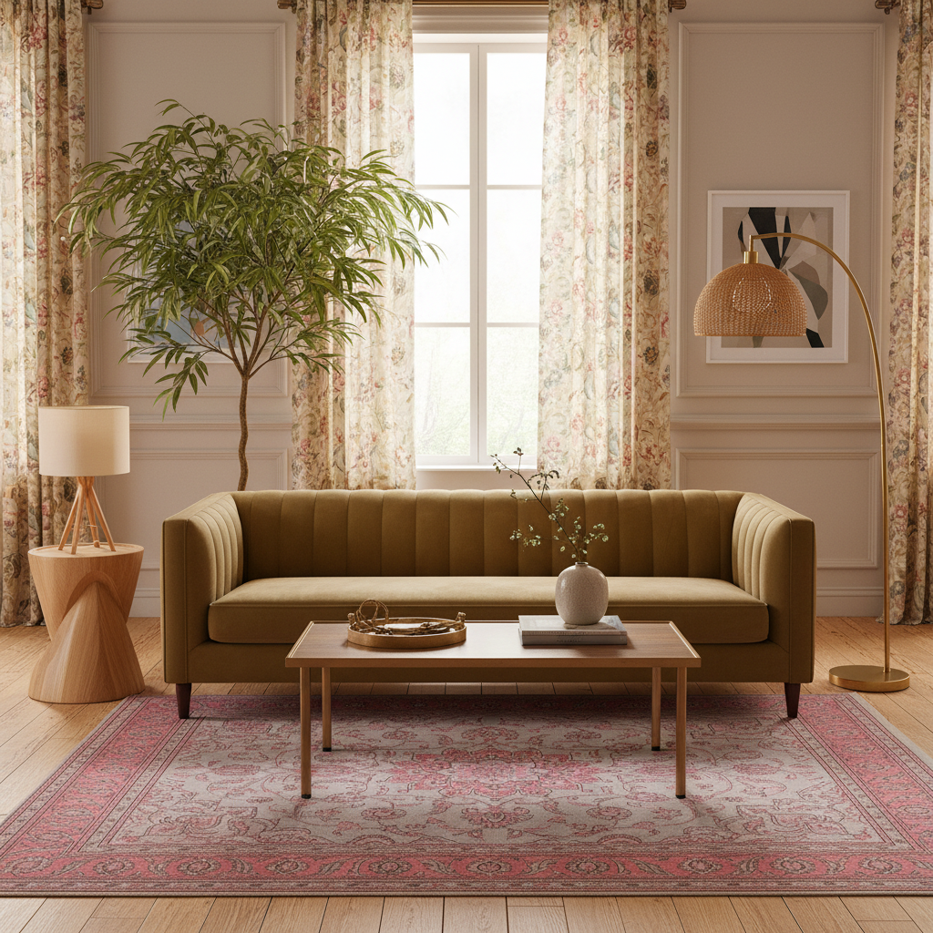A styled living room scene featuring a tufted olive green sofa as the main product, placed on a patterned rug with a wooden coffee table, side table, floor lamp, curtains, and a potted tree in a bright interior.
