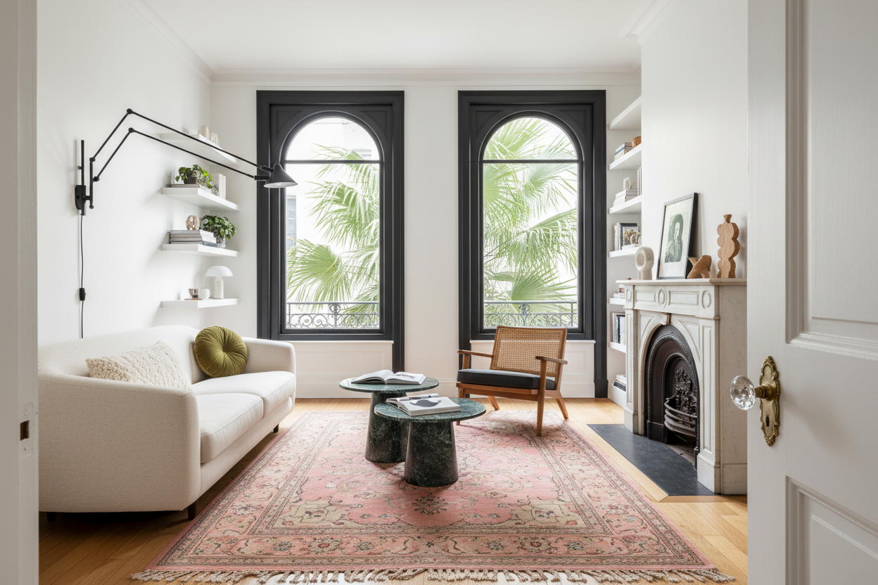 Living room with white sofa, pearch persian floral rug, and decorative items