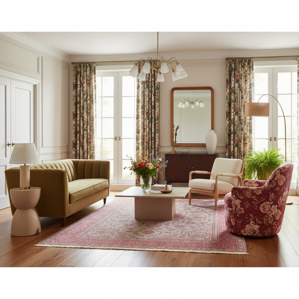 A styled living room interior with multiple upholstered furniture pieces: a mustard green loveseat, a cream armchair, a floral red armchair, a beige coffee table, a pink patterned area rug, and matching floral curtains by tall French windows.