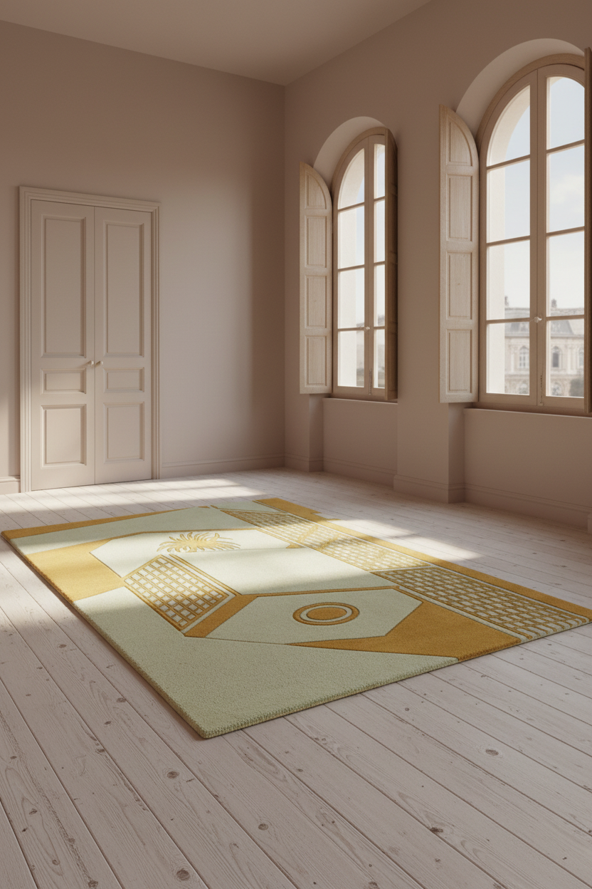 A rectangular area rug with a geometric pattern in sage green, mustard yellow, and cream, displayed on a light wood plank floor in a sunlit room with beige walls and tall arched windows.