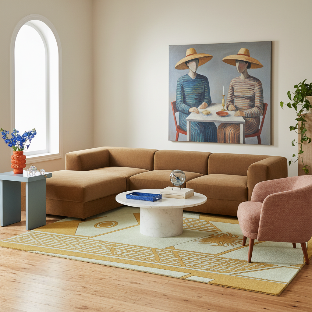 A styled living room featuring a large brown sectional sofa, a pink armchair, a patterned area rug, and a prominent square canvas painting on the wall depicting two figures in straw hats seated at a table.